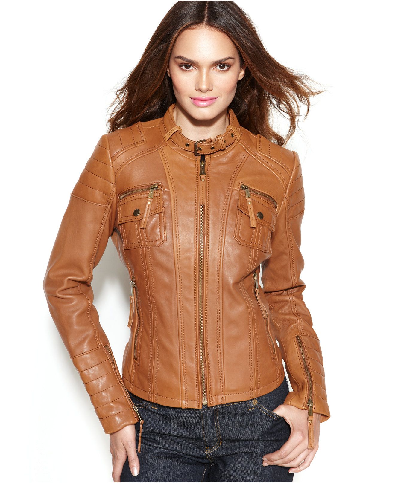 MICHAEL Michael Kors Petite Buckle-Collar Quilted Leather Jacket ...