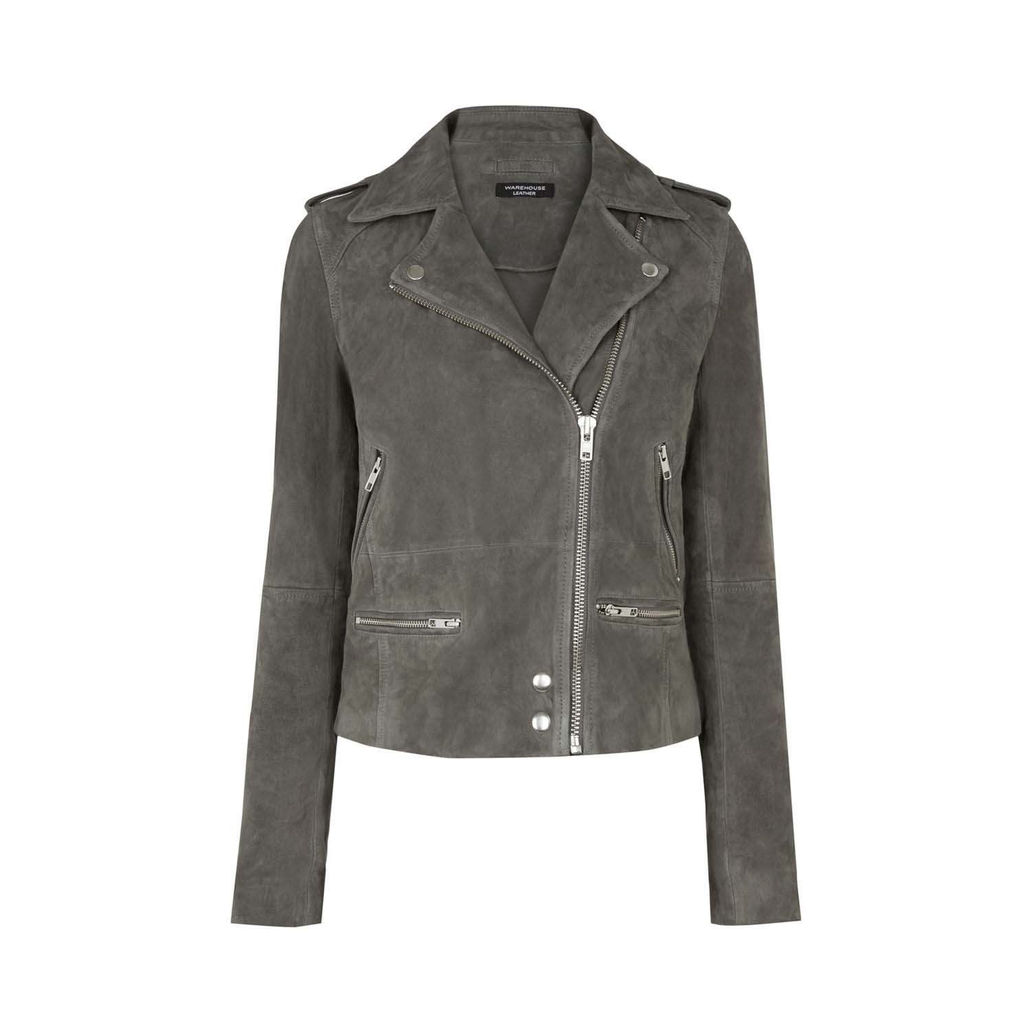 Warehouse Women's Suede Biker Jacket in Dark Grey 100% leather