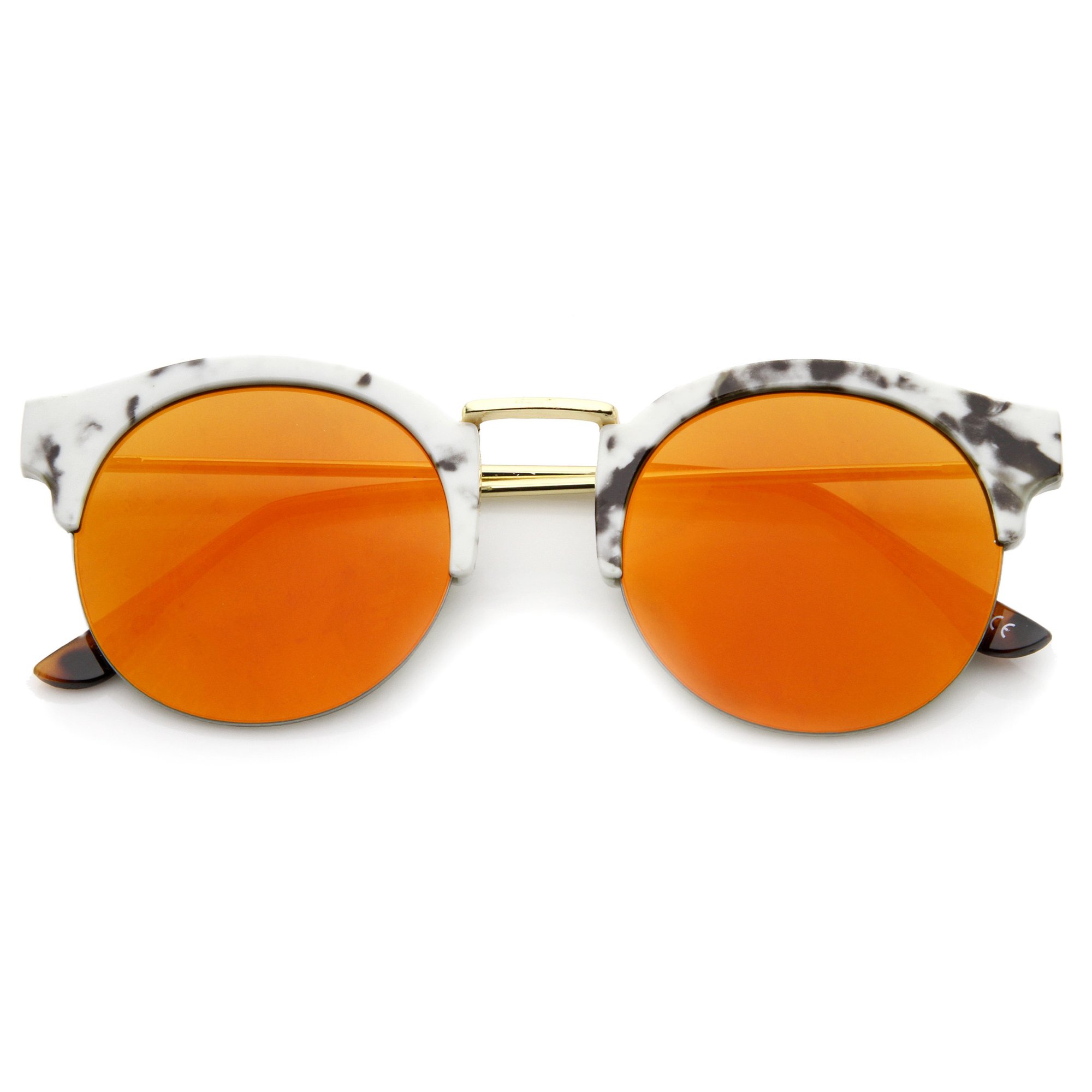 Women's Marble Half Frame Round Mirrored Lens Sunglasses - zeroUV