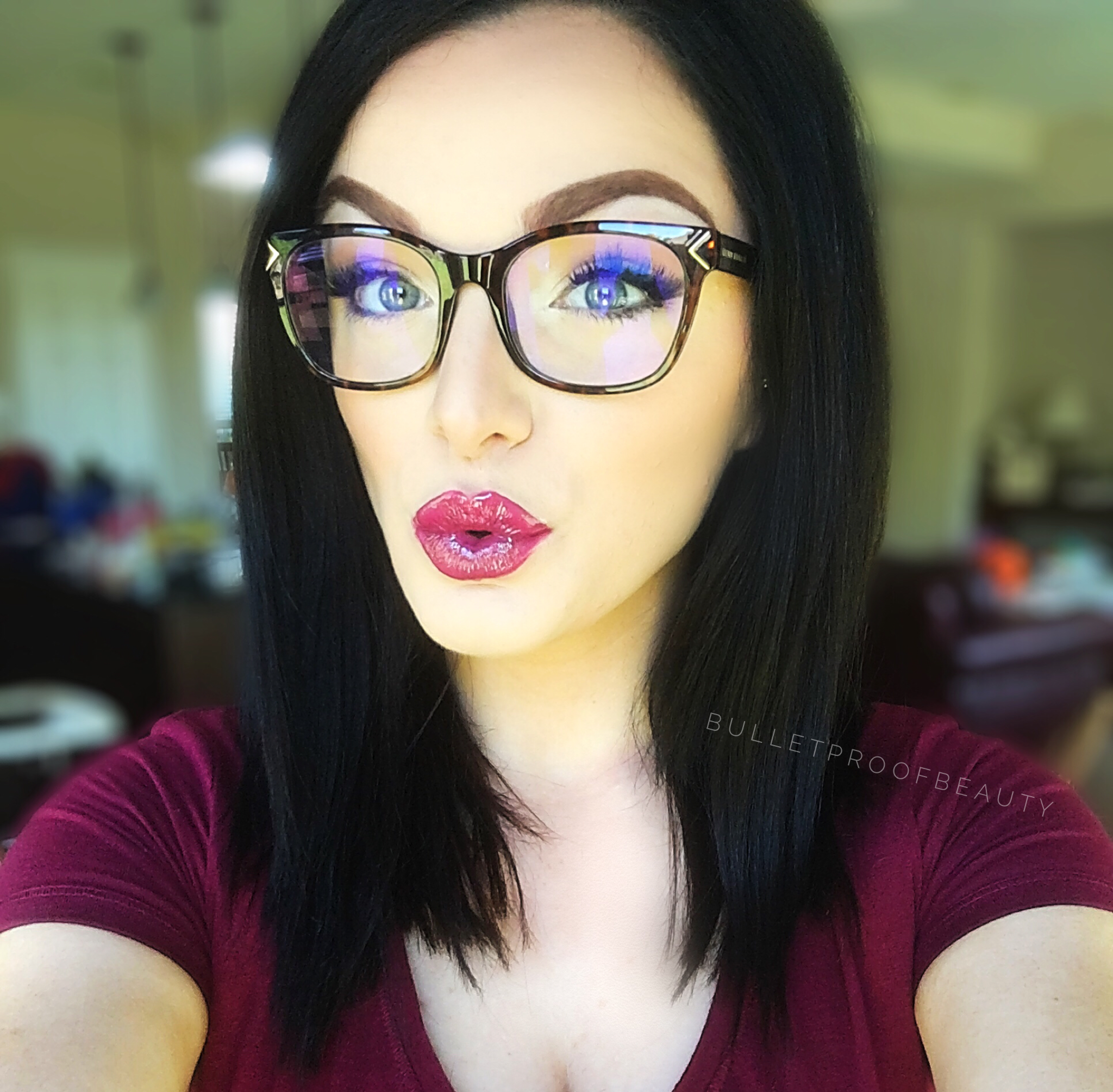 Spring makeup 2018. Purple lips. Glasses. Women's big glasses. Tory ...