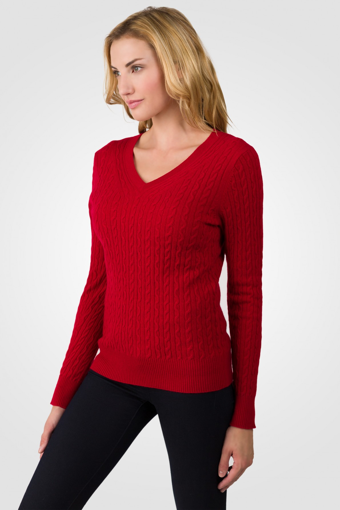 Red Cashmere Cable-knit V-neck Sweater - JENNIE LIU