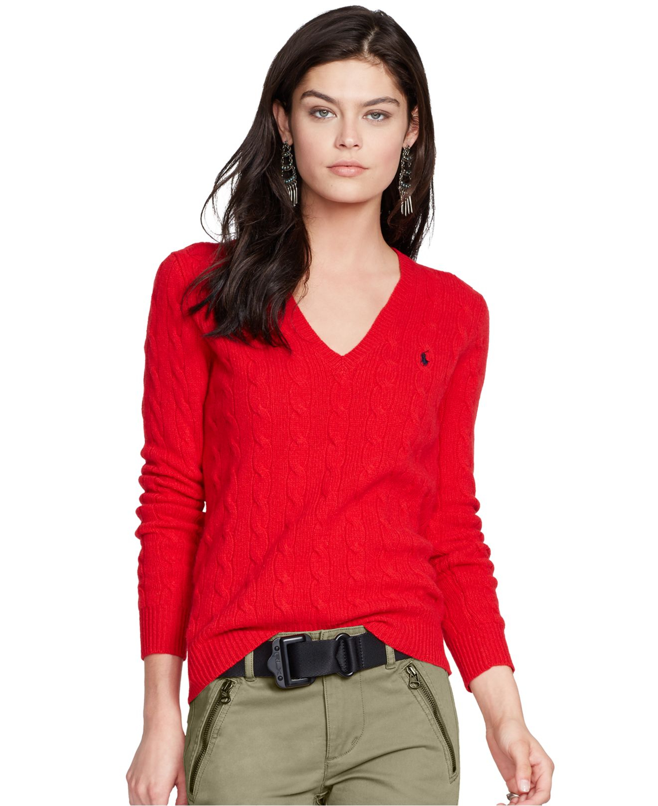 Lyst - Polo Ralph Lauren V-neck Cable-knit Wool-cashmere Sweater in Red