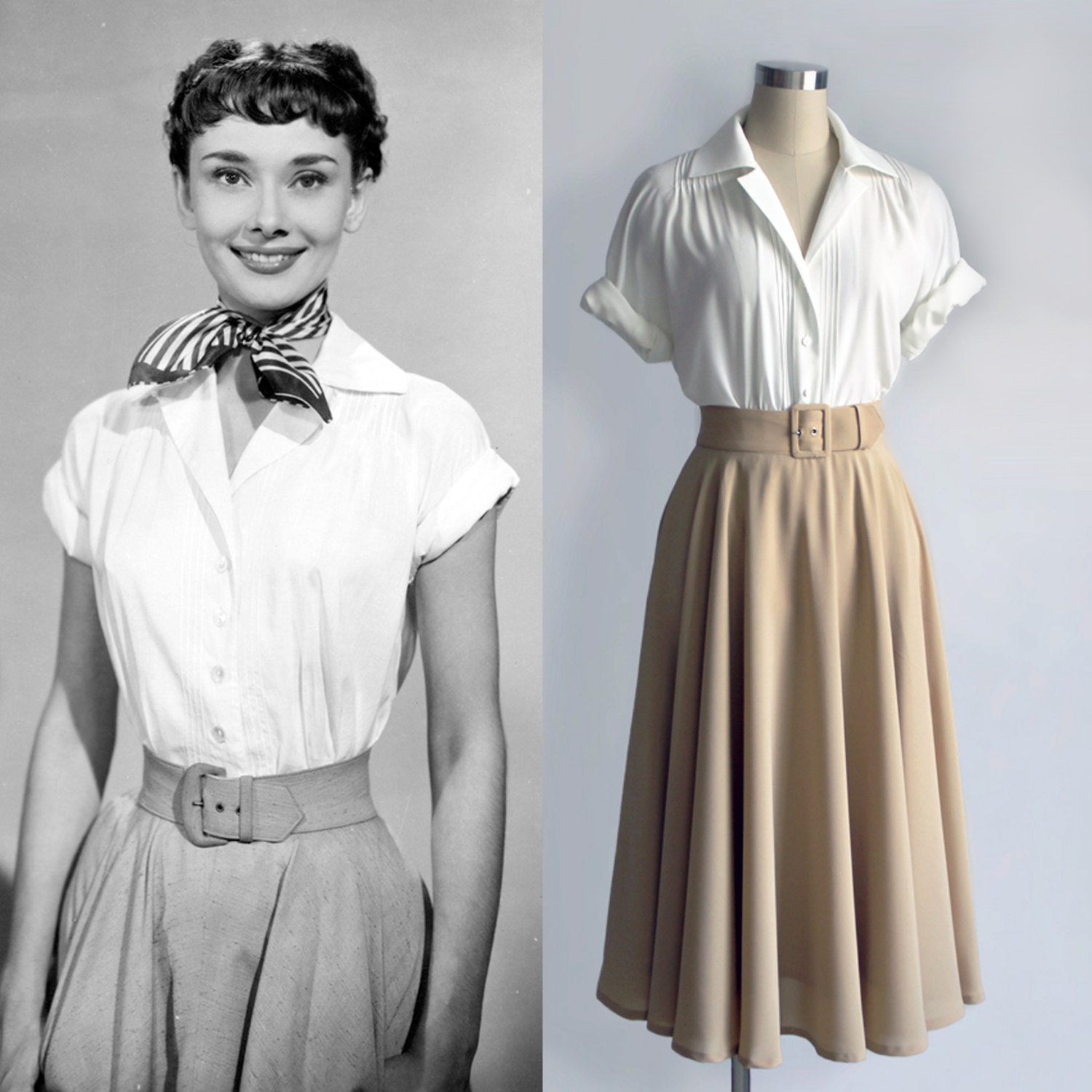 Audrey Hepburn Fashion/ Roman Holiday/ White Blouse/ Pleated