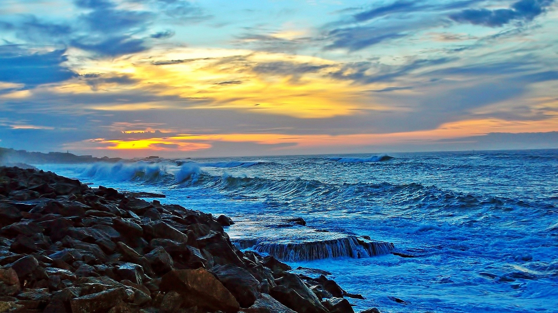 Sunset Seacoast Clouds Coast Wonderful Sea Rocks Waves Beautiful ...