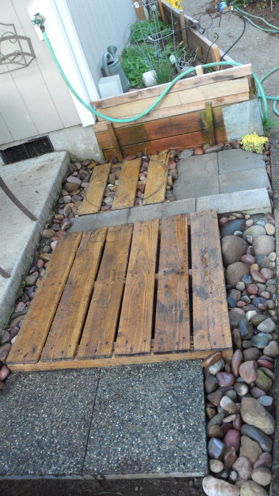 recycled pallets big and small, pavers, rainbow rock and cinder ...