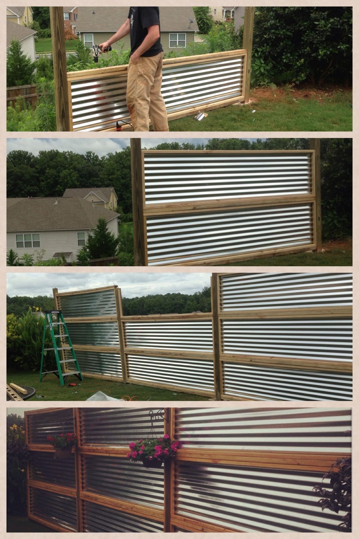 Privacy screen made from sheets of galvanized, corrugated metal ...