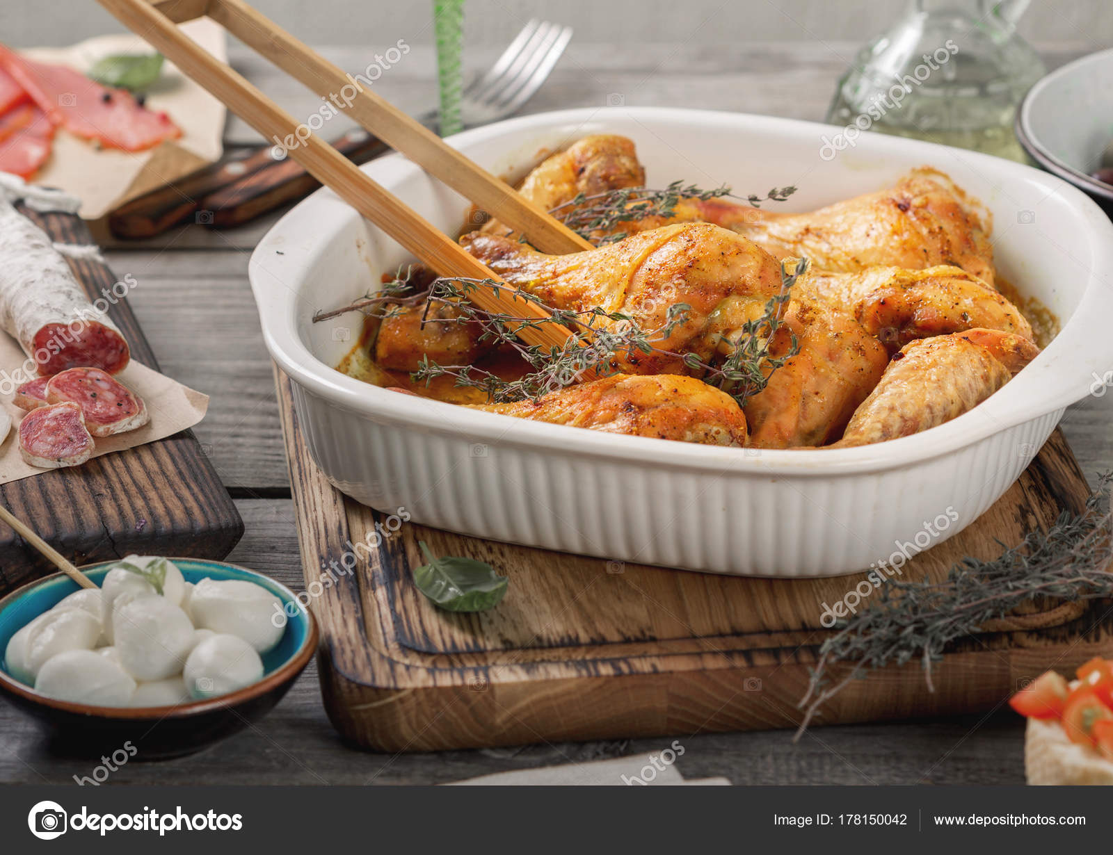 Baked Chicken Legs Juicy Crust Wooden Table — Stock Photo ...