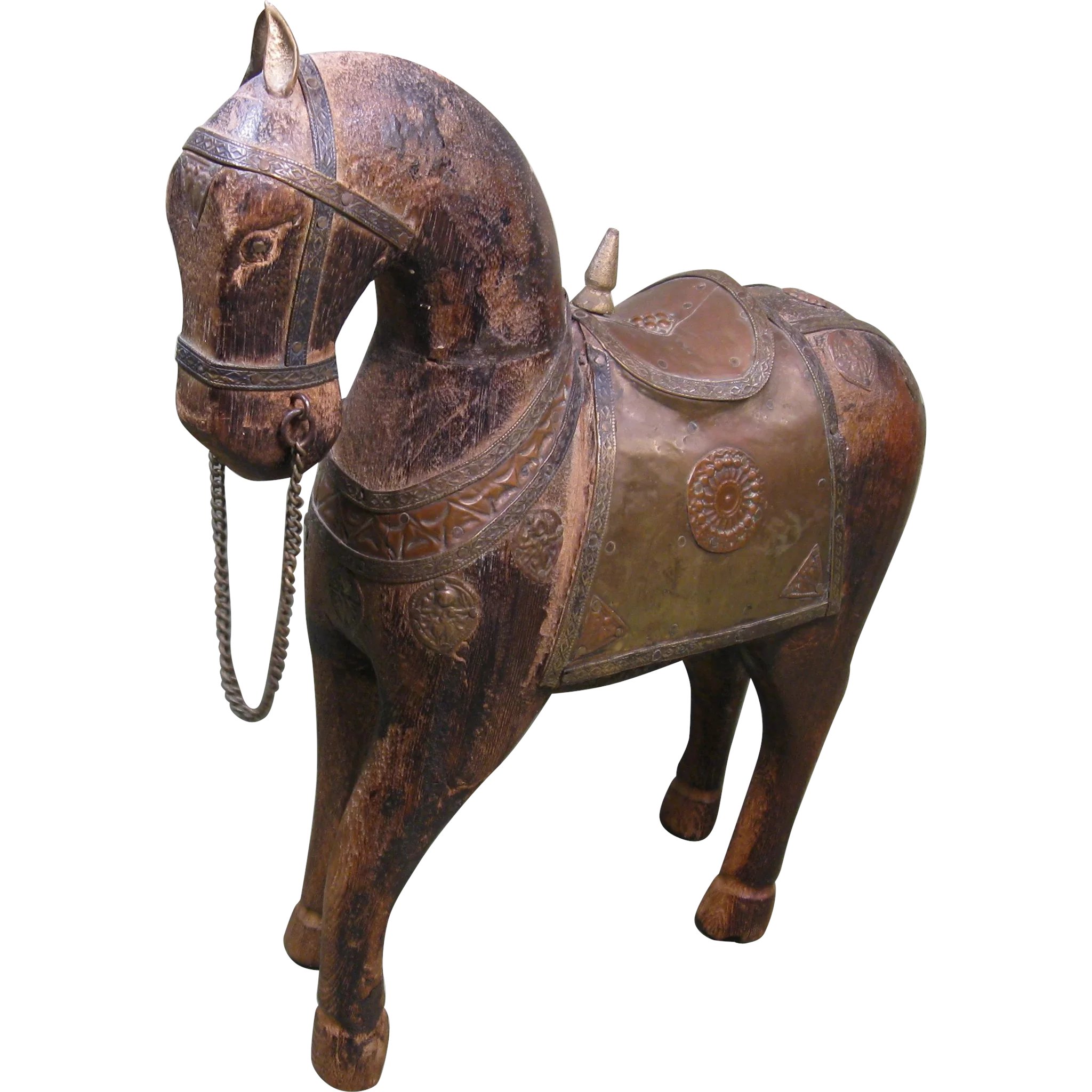 circa 1900 Wooden Horse from India, with Brass and Copper Elements ...
