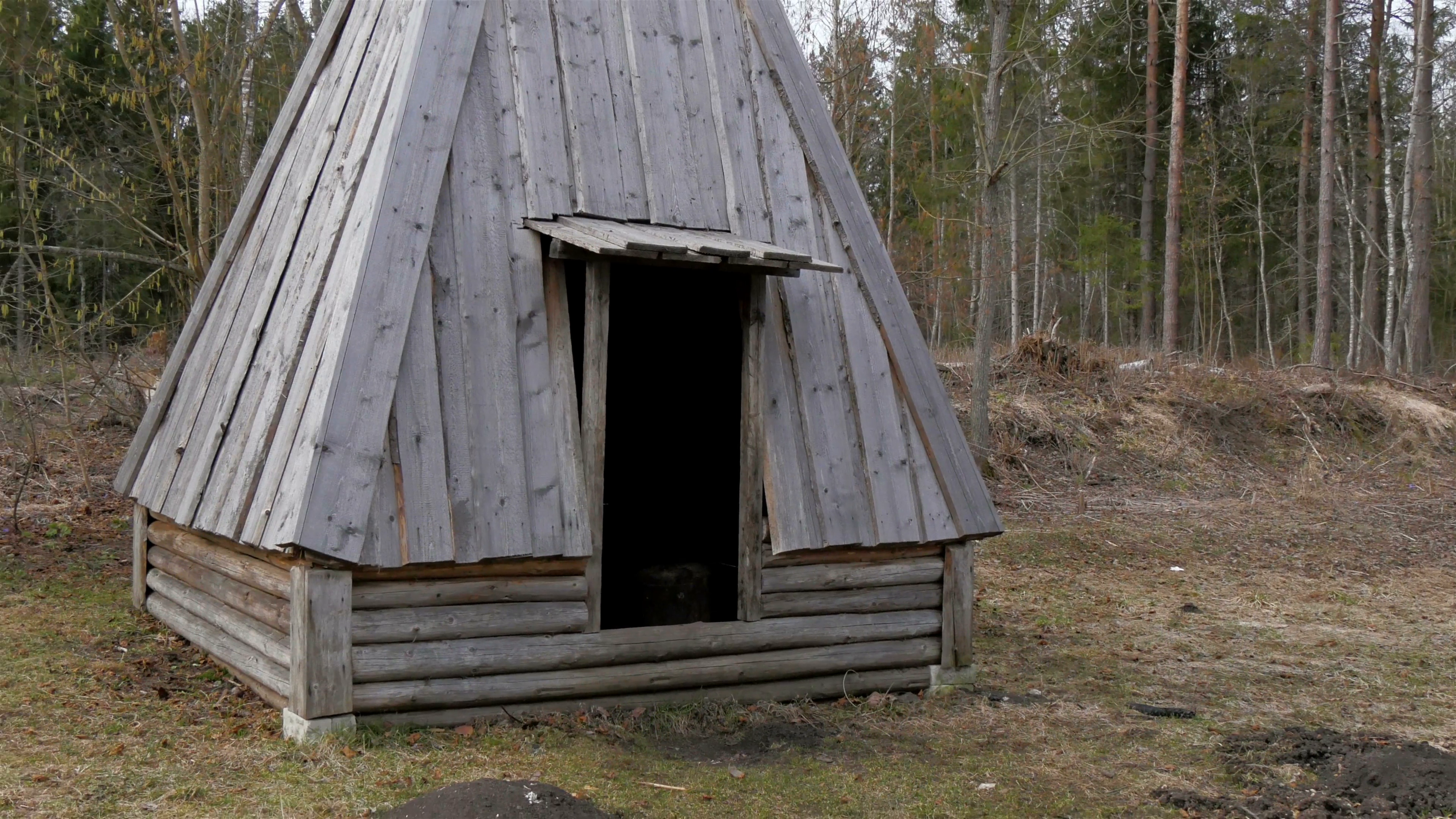 The triangular wooden hut in the forest Stock Video Footage ...