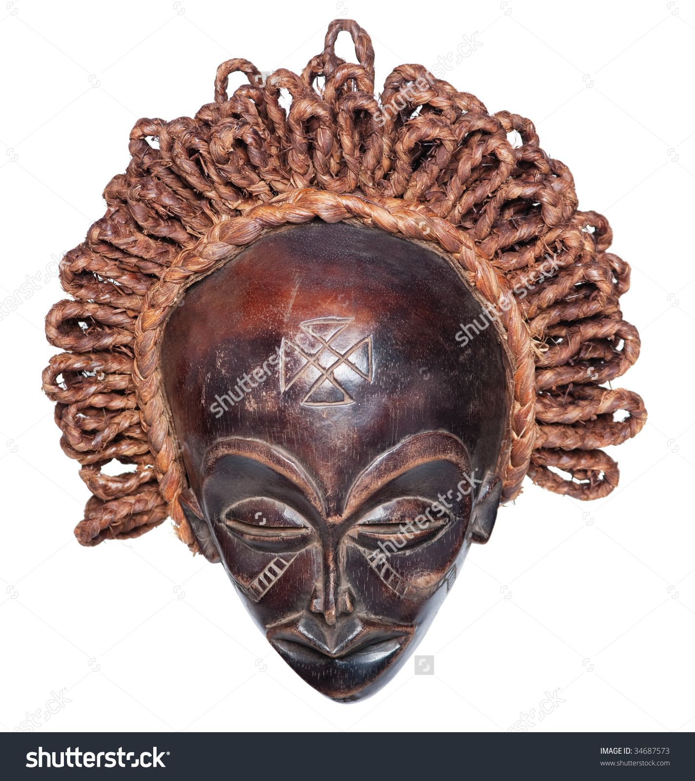 stock-photo-wooden-vintage-african-mask-with-raffia-hair-34687573 ...
