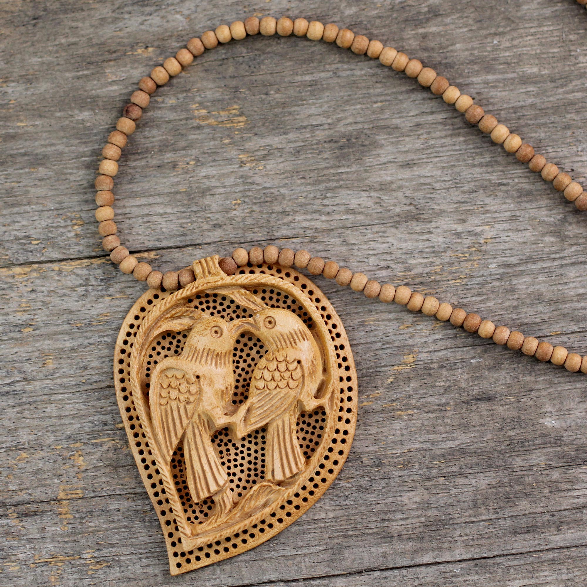 Lovebirds - Hand Carved Wood Necklace from India Jewelry Collection ...