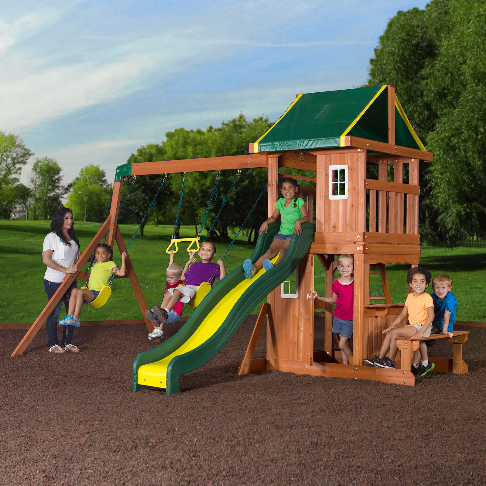 Outdoor Playset Playground Backyard Swing Kids Wooden Cedar Slide ...