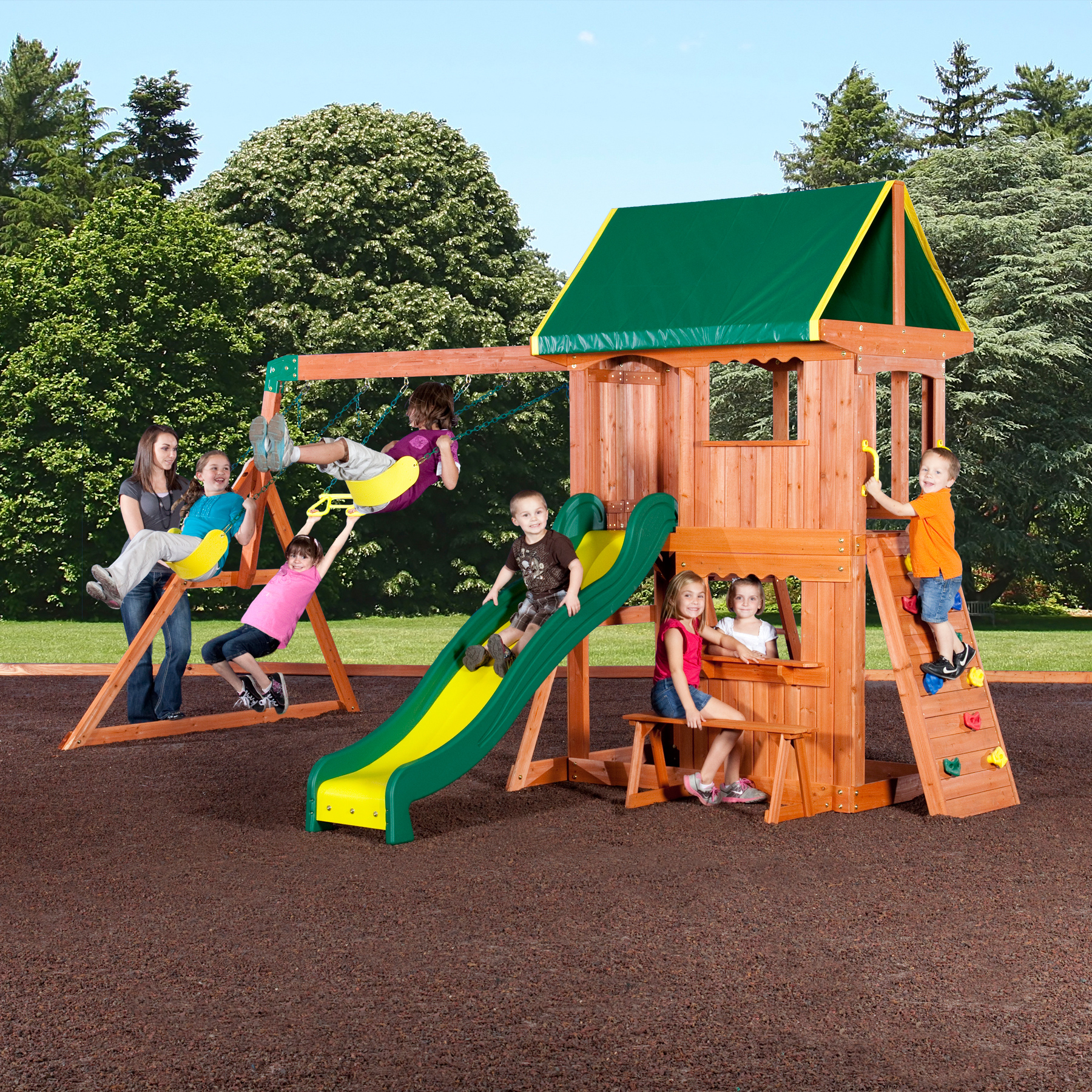 Wooden Swing Set Patio Outdoor Playhouse Kit For Kids Big Backyard ...
