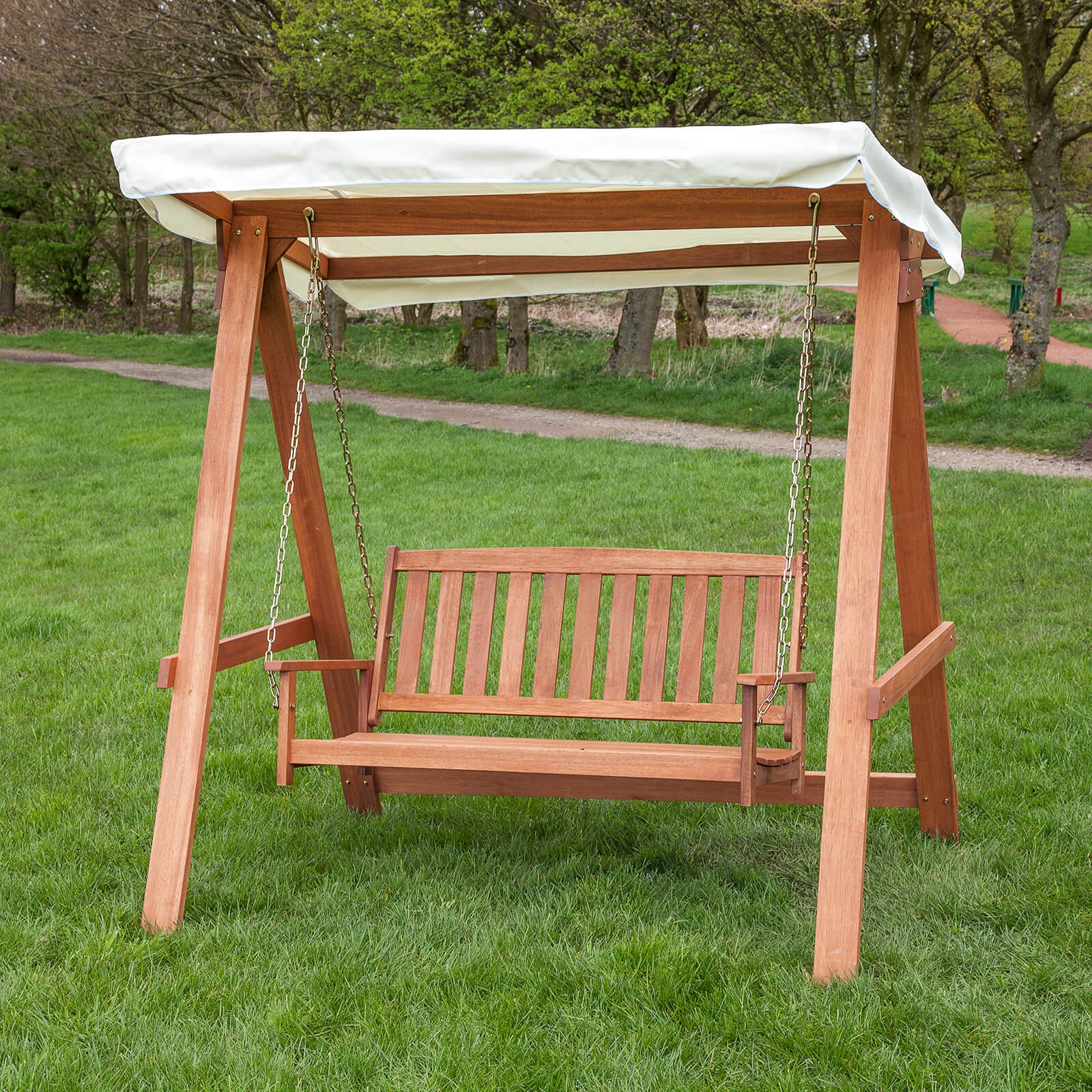 Furniture: 2 Seater Wooden Swing Seat With Coloured Canopy With ...