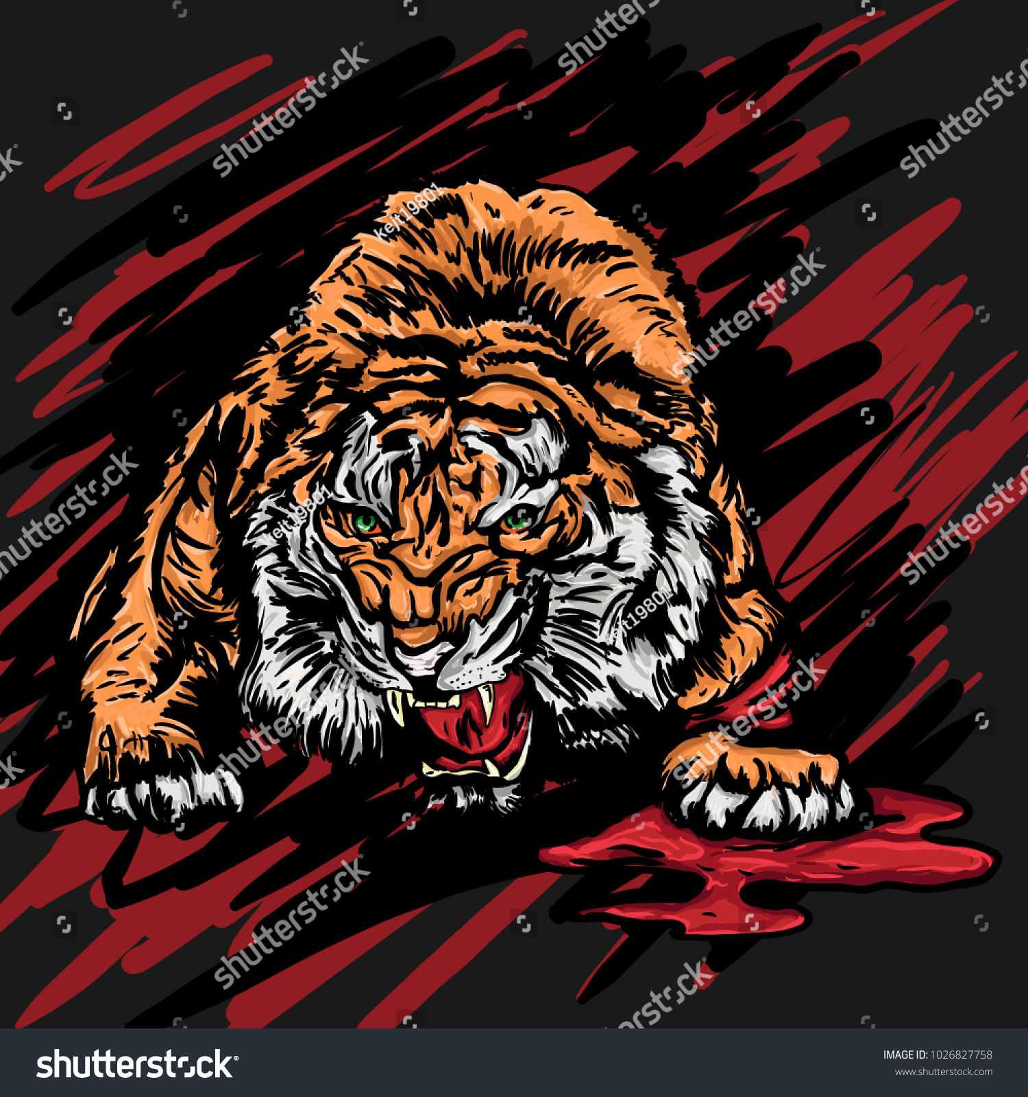 Vector Illustration Crouched Wounded Tiger Growling Stock Vector ...