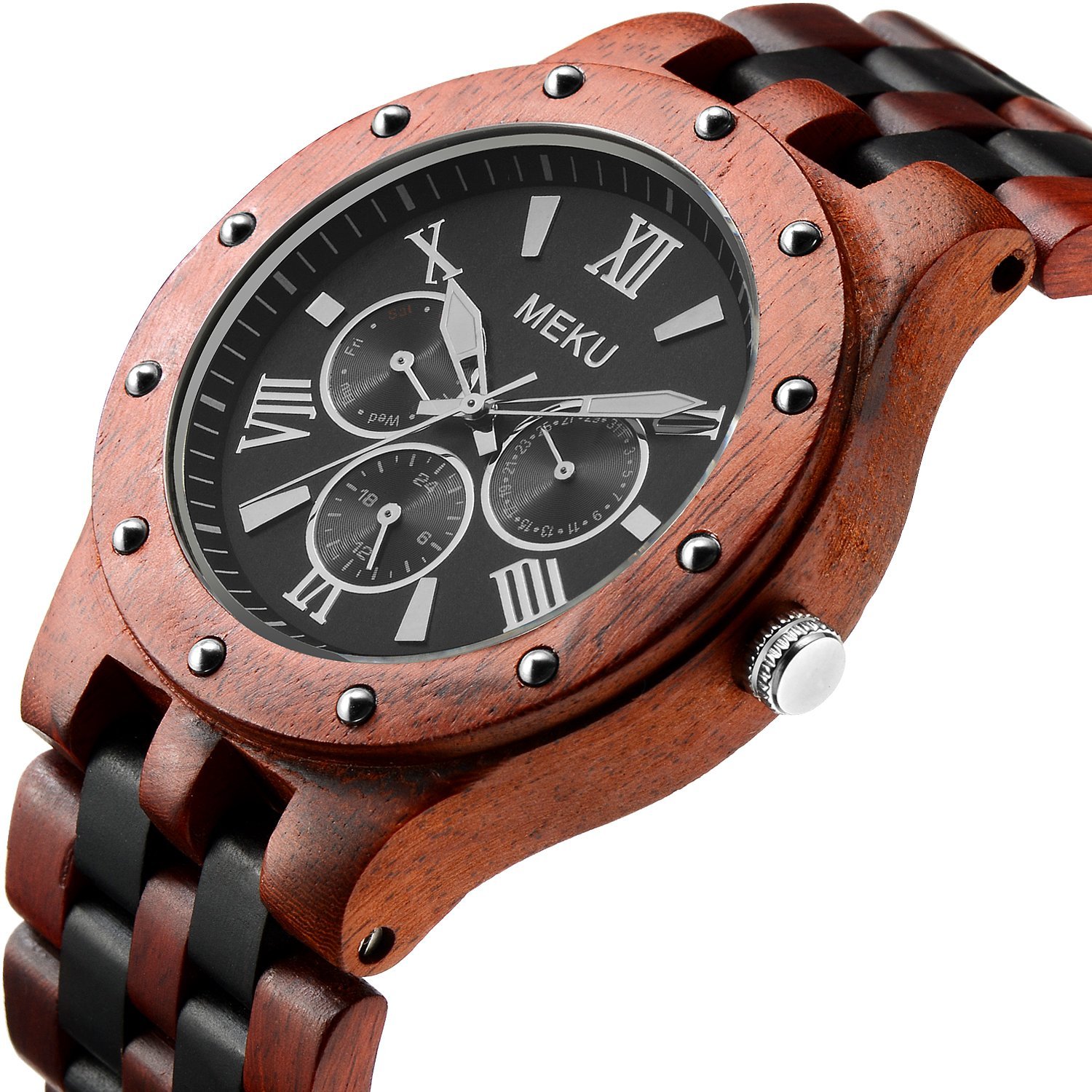 Amazon.com: MEKU Men's Wood Wrist Watch Quartz Day Date Wooden Watch ...