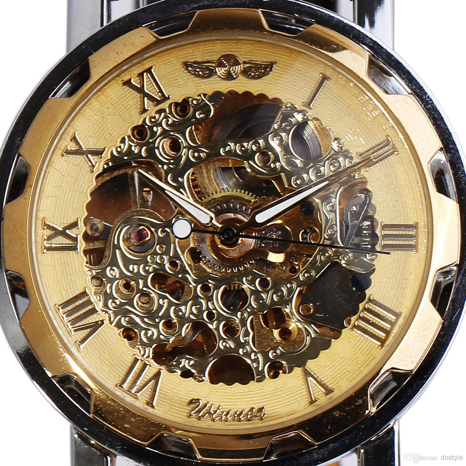 Luxury Skeleton Automatic Mechanical Mens Leather Steel Silver Gold ...