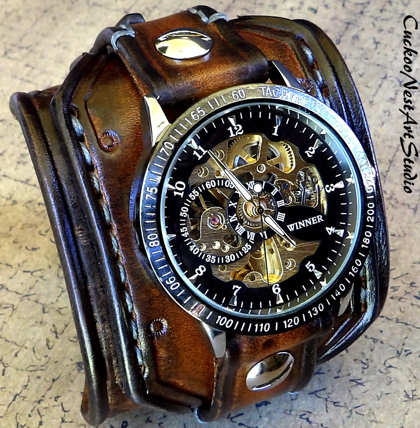 Steampunk Wrist Watch Leather Watch Skeleton watch Leather