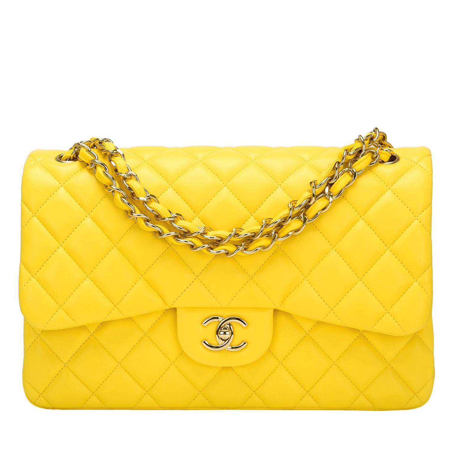 Chanel Yellow Quilted Lambskin Jumbo Classic Double Flap Bag at 1stdibs