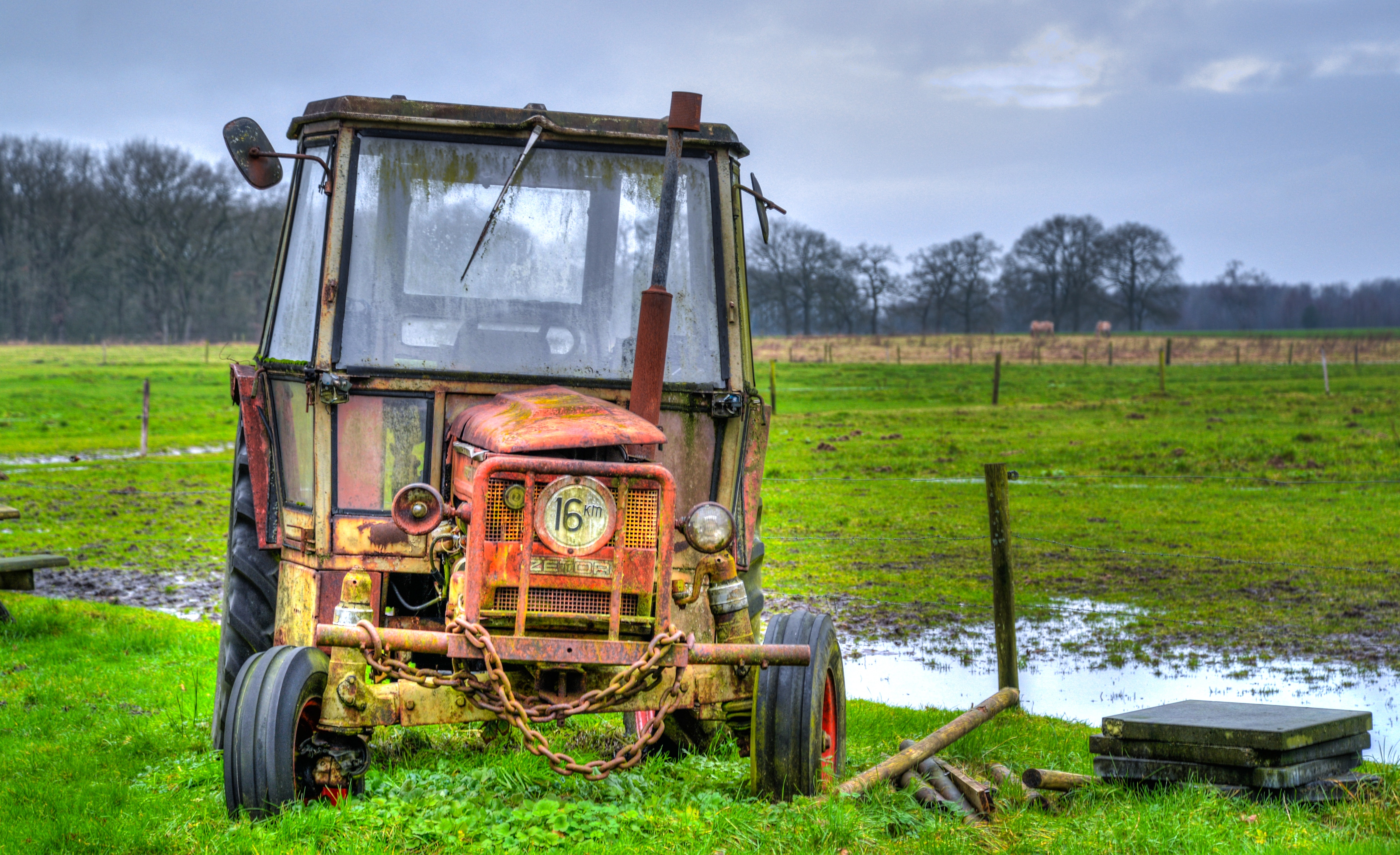 Yellow Farm Equipment on Green Grass Field, Agriculture, Land, Vehicle, Trees, HQ Photo