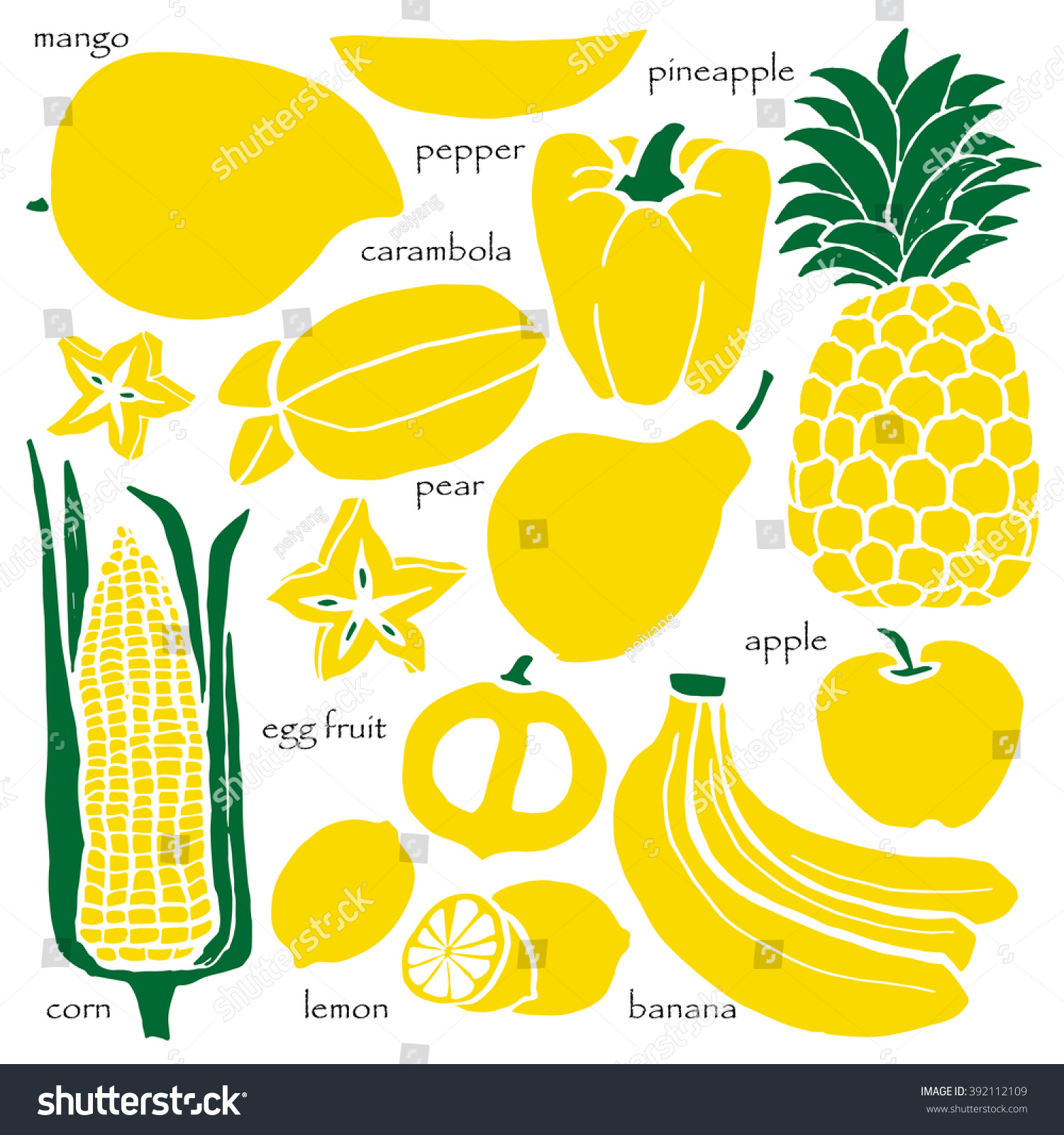 Mixed Fruits Vegetables Color Background Yellow Stock Photo (Photo ...