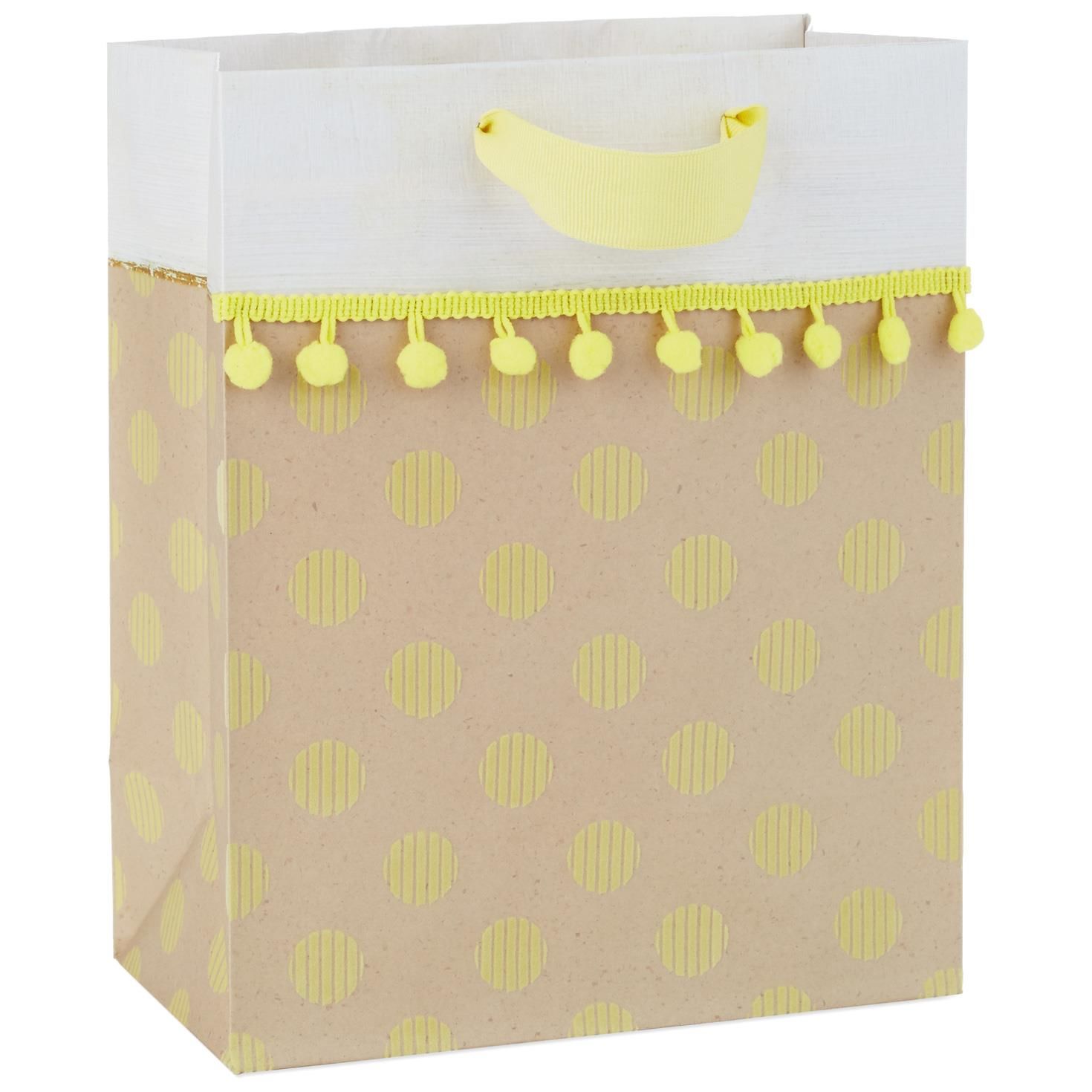 Yellow Dots Medium Gift Bag With Pom Pom Fringe, 9.5
