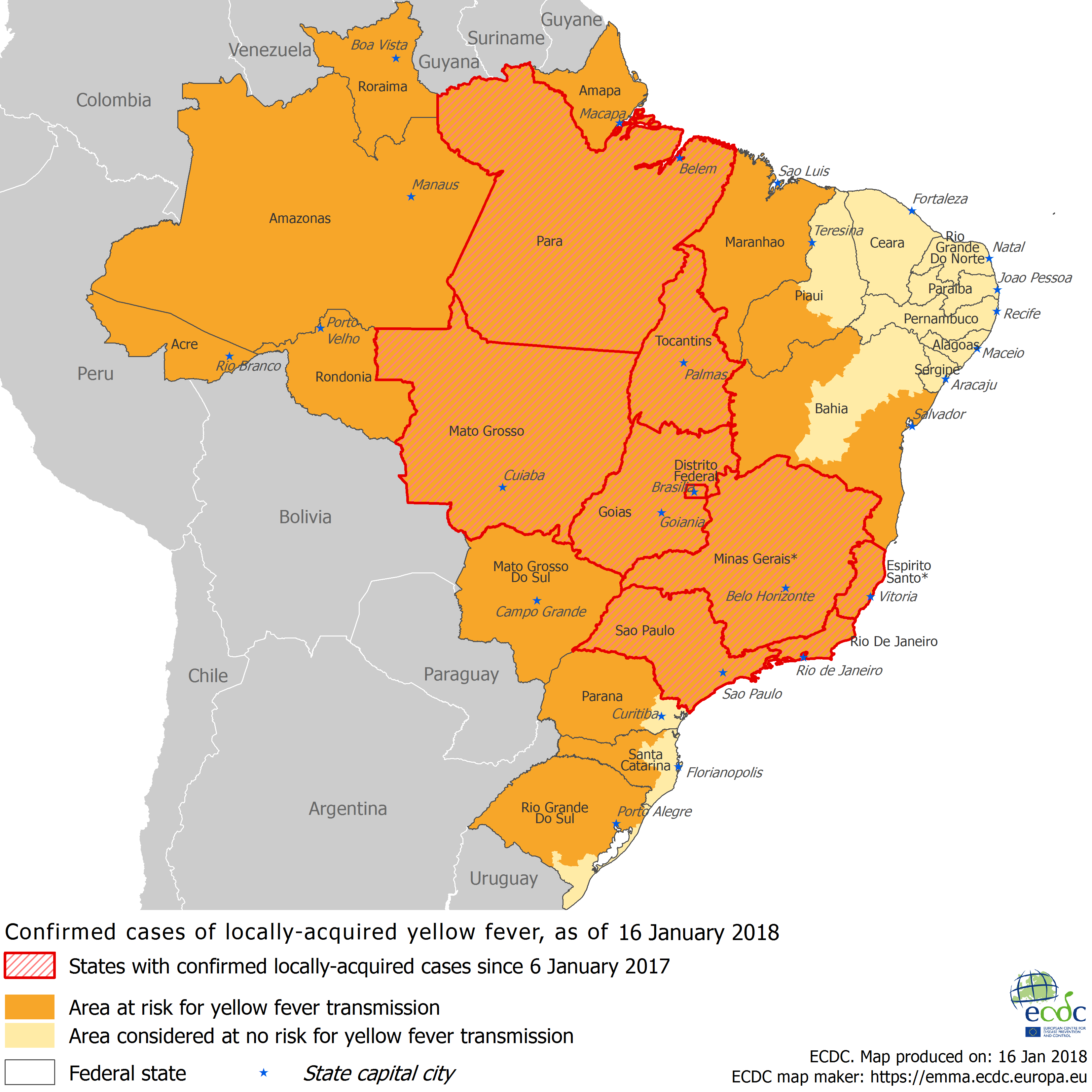Yellow fever distribution and areas of risk in Brazil, as of 16 ...