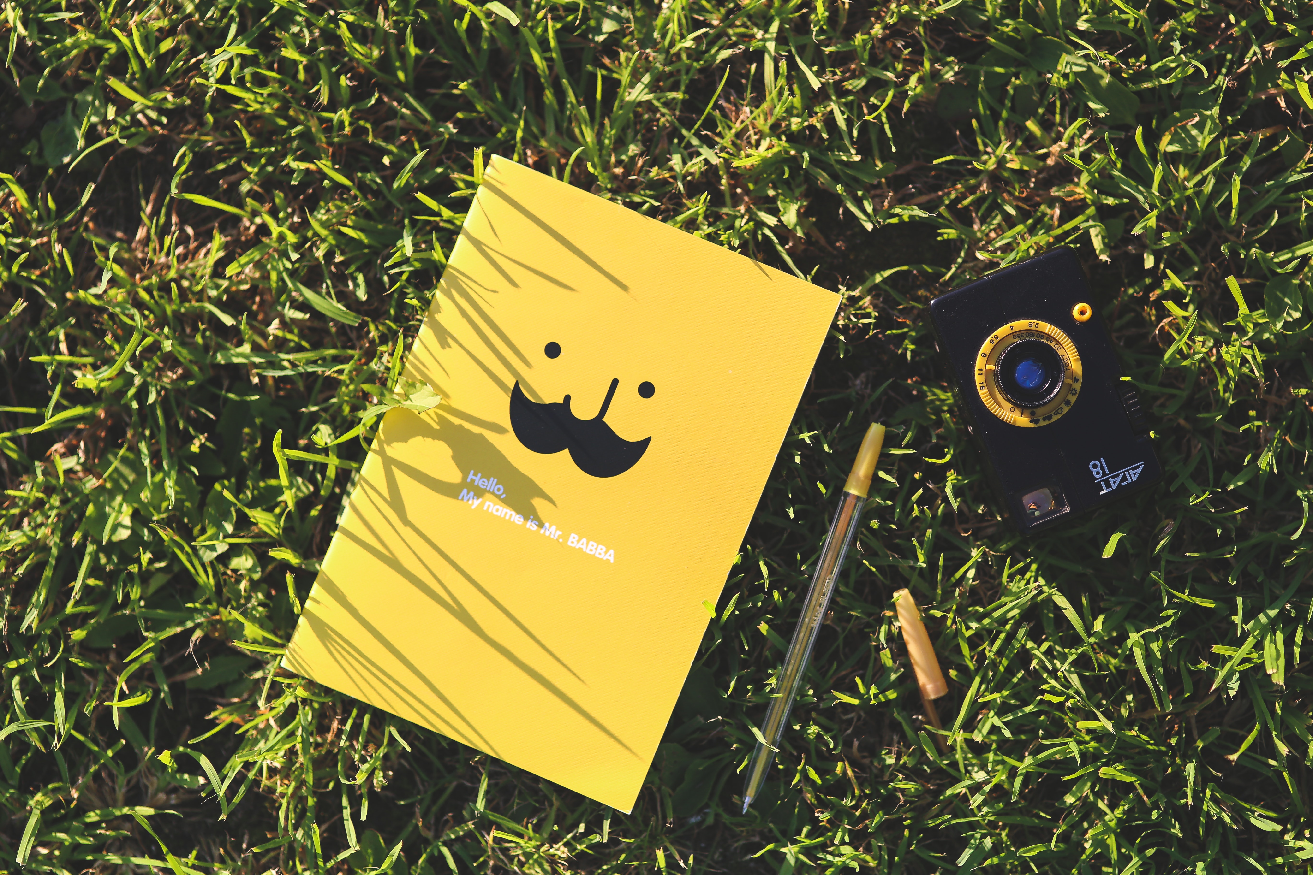 Yellow notebook on the grass, Camera, Mustache, Wood, Tree, HQ Photo