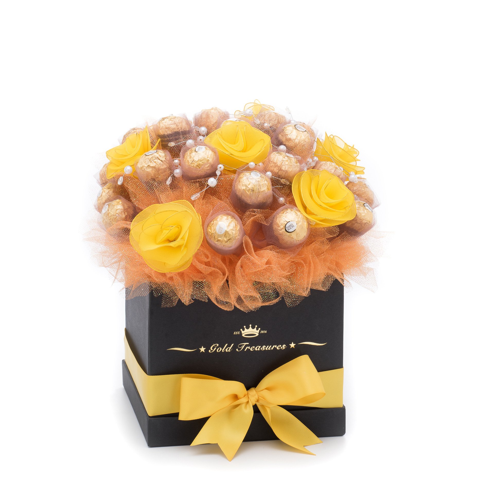 Yellow-Rose Chocolate Bloom with 25 Ferrero Rocher Chocolates – Gold ...