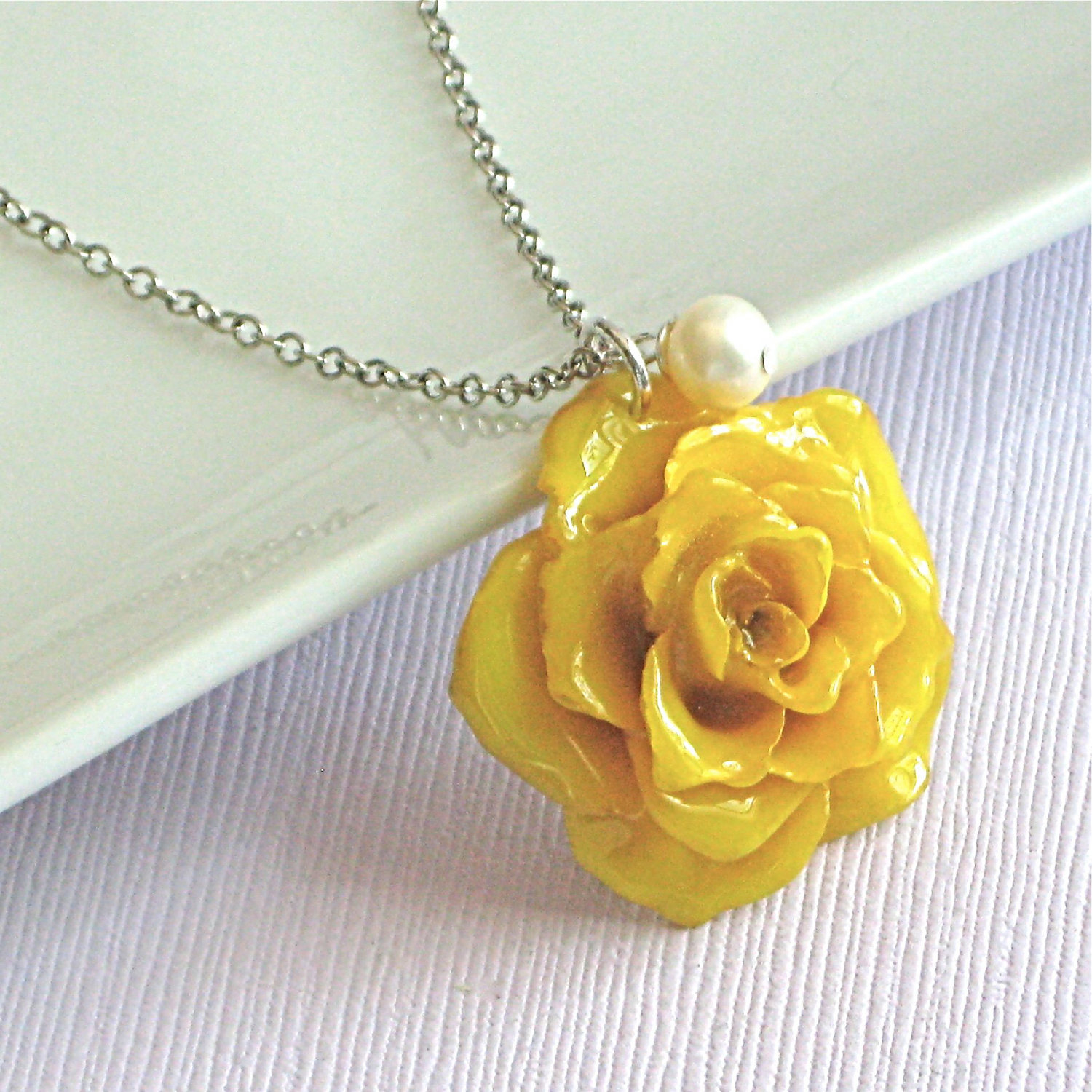 Real Yellow Rose Necklace Sterling Silver Natural Preserved
