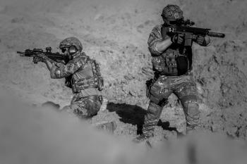 2 Person in Army Suit Grayscale Photography