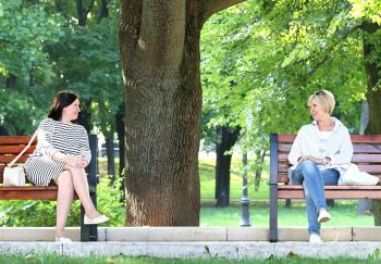 2 Woman Sitting in the Different Bench Chair Near Tree in the Park during Daytime
