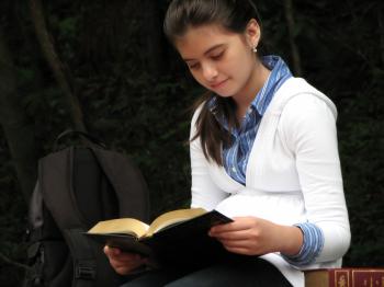 A young schoolgirl reading a book