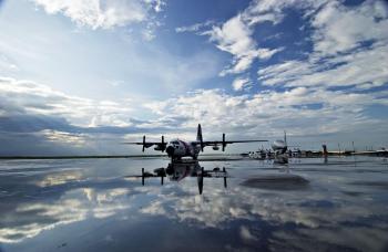 Wallpaper runway, air strip, clouds, flood, reflection, aircraft ...
