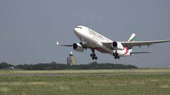 emirates airplane take off, from side view Stock Video Footage ...