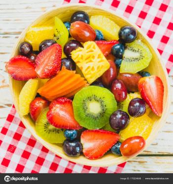 Mixed Assorted Fruits Kiwi Strawberry Grape Other Bowl Wood Table ...