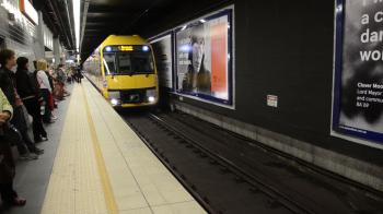 Sydney Train arriving at the Station Town Hall - Handheld Shot Stock ...