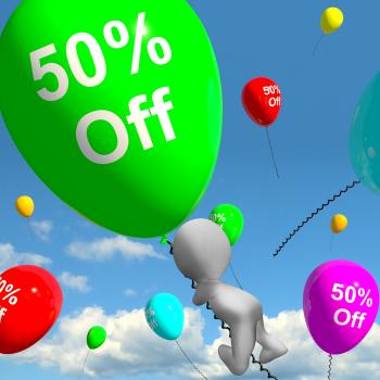 Balloon With 50 Off Showing Discount Of Fifty Percent