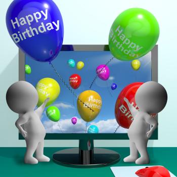 Balloons Greeting From Computer Celebrates Happy Birthday