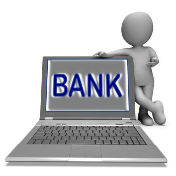 Bank On Laptop Shows Internet Or Electronic Banking Online