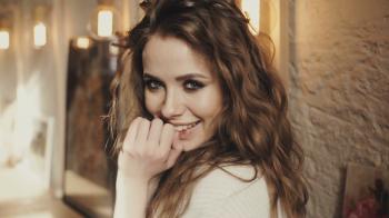 Portrait of beautiful caucasian blonde woman laughing in trendy ...