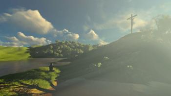 Woman praying at Jesus cross over beautiful morning sun rays ...