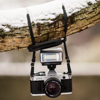 Black and Gray Canon Dslr Camera Hanging on Brown Tree Trunk With Snow