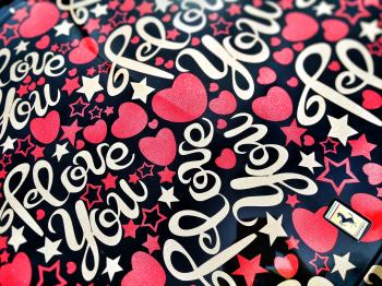 Black and Multicolored I Love You Heart Printed Textile
