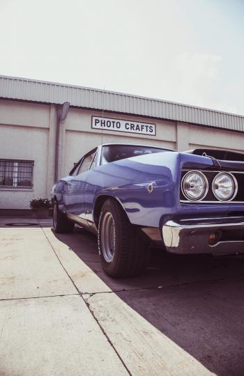 Blue Muscle Car Outside Photo Crafts Building
