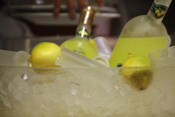 Bottles of lemon beverage in the ice