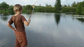 Little boy fishing from the pond in the countryside, Full HD shot ...