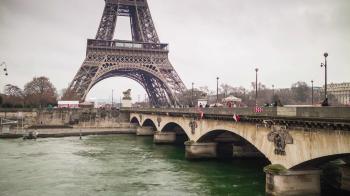 day light eiffel tower seine river bridge side panorama 4k time ...