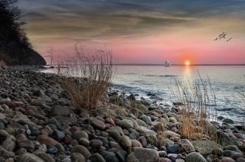 Brown and Grey Stones on Seashore during Sunset