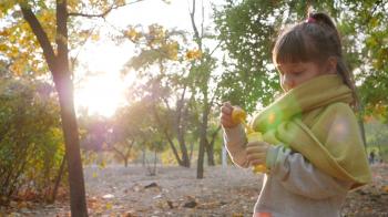 happy child plays with soap bubbles in autumn park in sunlight on ...